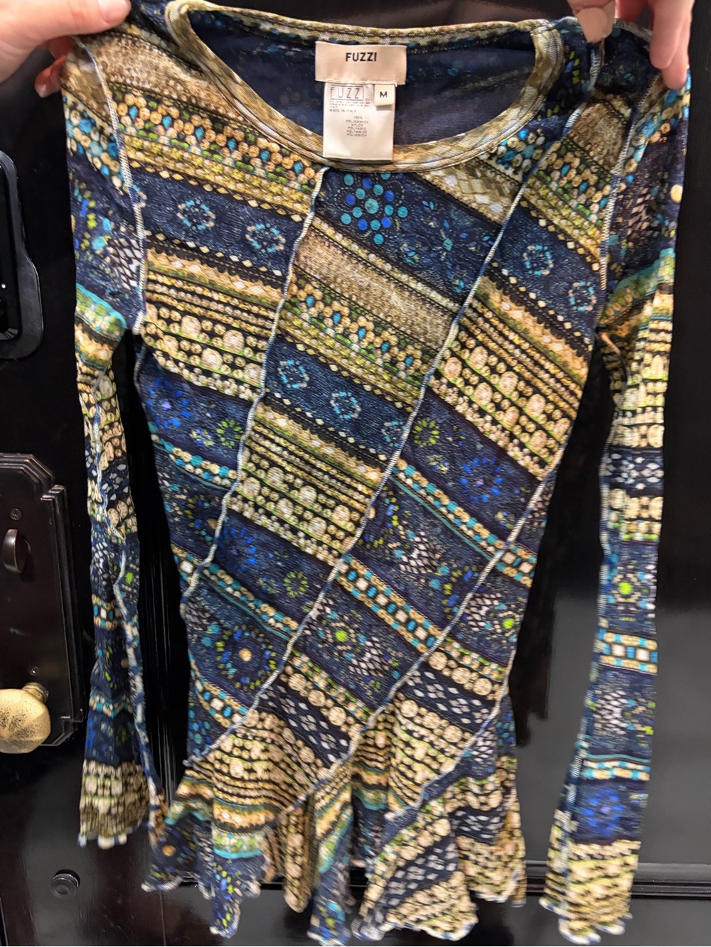 Fuzzi Navy & Green Long-Sleeve Printed Peplum Top